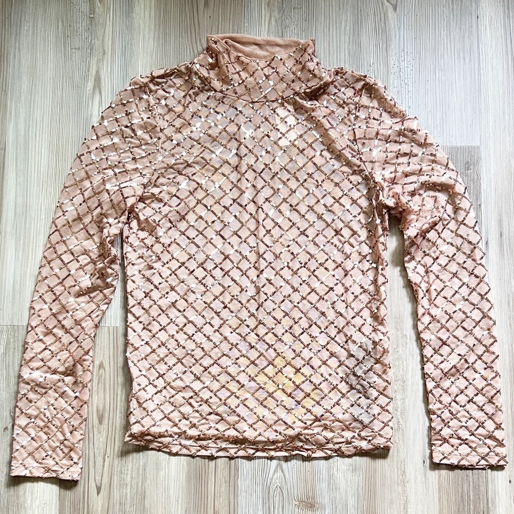 NWT Anthropologie Pilcro Sheer Turtleneck Sequin Long Sleeve Top Light Sand - Picture 6 of 12